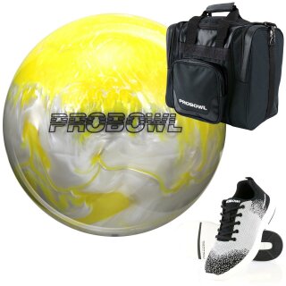 Set Pro Bowl Bowling Ball Bowlingschuhe schwarz weiß Bowlingtasche gelb silber 13 lbs 41,5