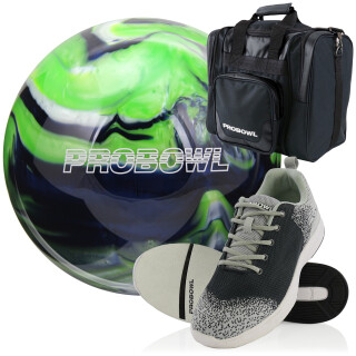 Set Pro Bowl Bowling Ball Bowlingschuhe weiß schwarz Bowlingtasche blau grün silber 12 lbs 45,5
